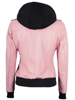 Buy Pink Bomber Leather Jacket With Removable Hood For Him And Her