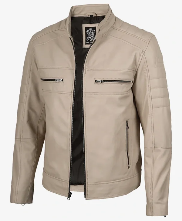 Cafe Racer Beige Real Leather Jacket