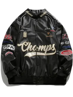 Champs Racing Motorcycle Oversized Leather Bomber Jacket For Sale