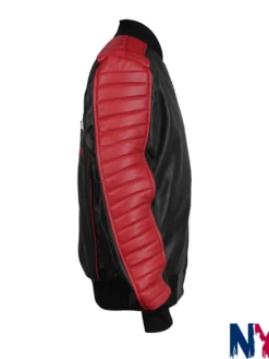 Close-up of Movie The Fall Guy 2024 Ryan Gosling Miami Vice Stunt Team Black And Red Leather Bomber Jacket