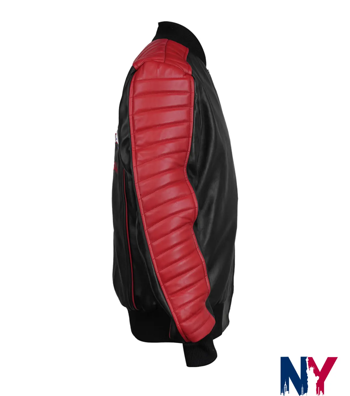 Close-up of Movie The Fall Guy 2024 Ryan Gosling Miami Vice Stunt Team Black And Red Leather Bomber Jacket