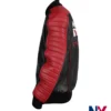 Close view of Movie The Fall Guy 2024 Ryan Gosling Miami Vice Stunt Team Black And Red Leather Bomber Jacket