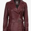 Fashion Burgundy Asymmetrical Real Leather Biker Jacket