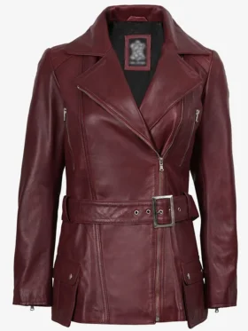 Fashion Burgundy Asymmetrical Real Leather Biker Jacket