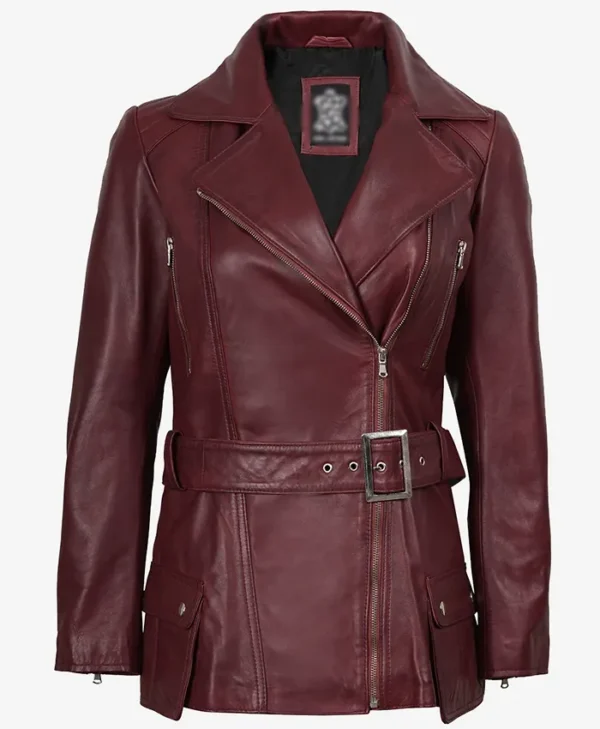 Fashion Burgundy Asymmetrical Real Leather Biker Jacket