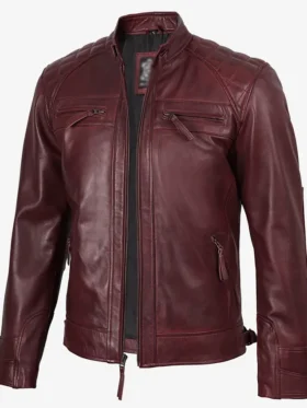 Fashion Burgundy Waxed Quilted Leather Biker Jacket