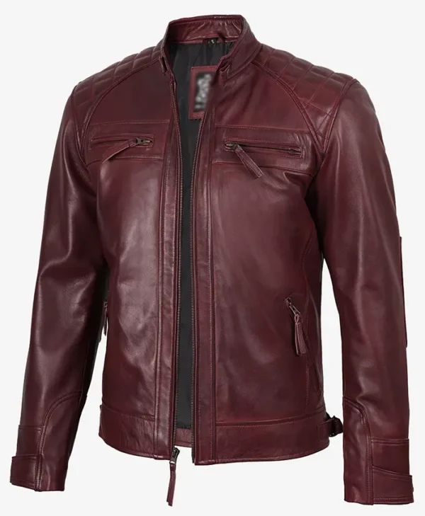 Fashion Burgundy Waxed Quilted Leather Biker Jacket
