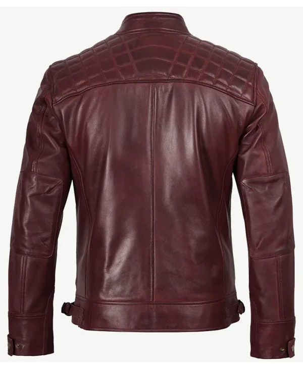 Get Fashion Burgundy Waxed Quilted Leather Biker Jacket For Sale