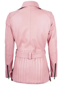 Get Womens Asymmetrical Belted Pink Leather Jacket For Sale