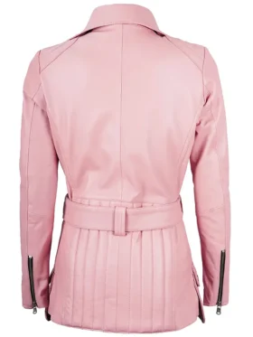 Get Womens Asymmetrical Belted Pink Leather Jacket For Sale