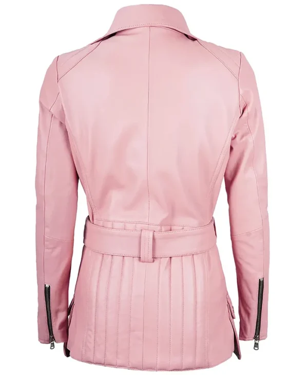 Get Womens Asymmetrical Belted Pink Leather Jacket For Sale