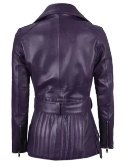 Get Womens Asymmetrical Belted Purple Leather Jacket For Sale