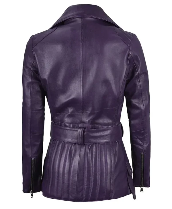 Get Womens Asymmetrical Belted Purple Leather Jacket For Sale