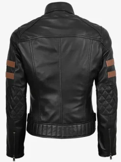 Get Womens Black Fashion Biker Real Leather Jacket with Cognac Stripes For Sale