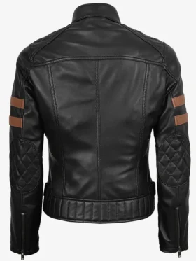 Get Womens Black Fashion Biker Real Leather Jacket with Cognac Stripes For Sale