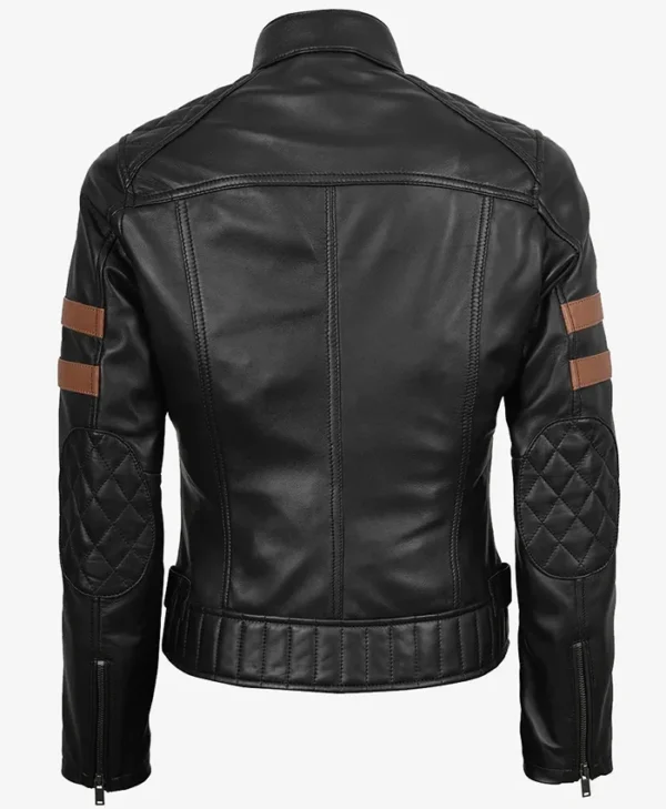 Get Womens Black Fashion Biker Real Leather Jacket with Cognac Stripes For Sale