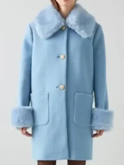 Jessica Salmon Too Much S01 Megan Stalter Blue Faux Fur Collar Wool Coat