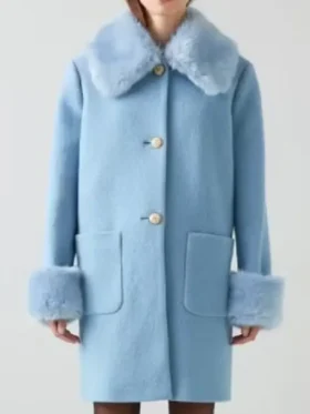 Jessica Salmon Too Much S01 Megan Stalter Blue Faux Fur Collar Wool Coat