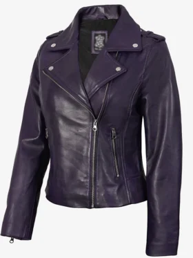 Kirsten Wax Asymmetrical Biker Fashion Purple Leather Jacket