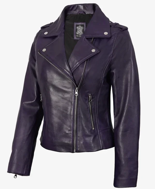Kirsten Wax Asymmetrical Biker Fashion Purple Leather Jacket