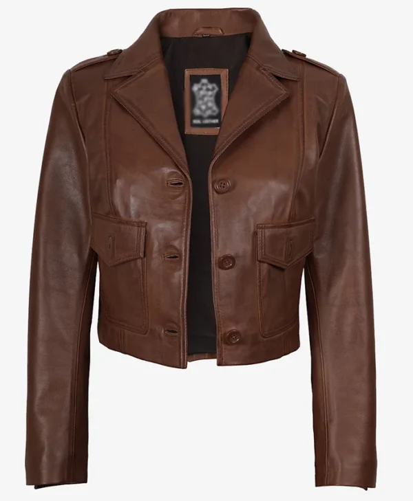 Lena Cognac Brown Cropped Leather Jacket
