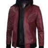 Mens Burgundy Leather Jacket With Removable Hood