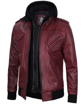 Mens Burgundy Leather Jacket With Removable Hood