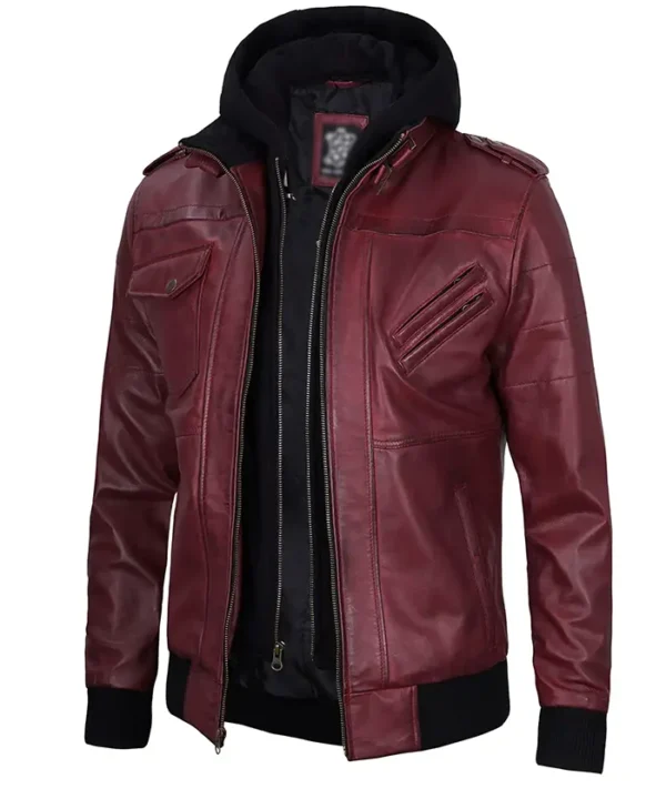Mens Burgundy Leather Jacket With Removable Hood