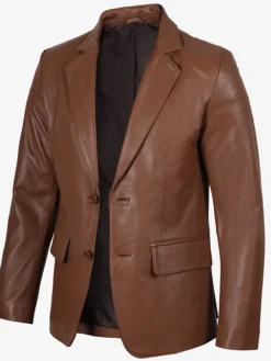 Mens Cognac Two Button Brown Leather Blazer