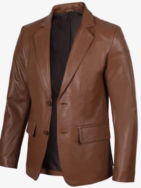 Mens Cognac Two Button Brown Leather Blazer