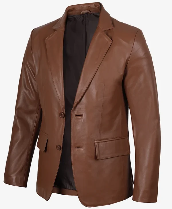 Mens Cognac Two Button Brown Leather Blazer