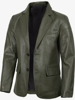 Mens Dark Green Real Leather Blazer