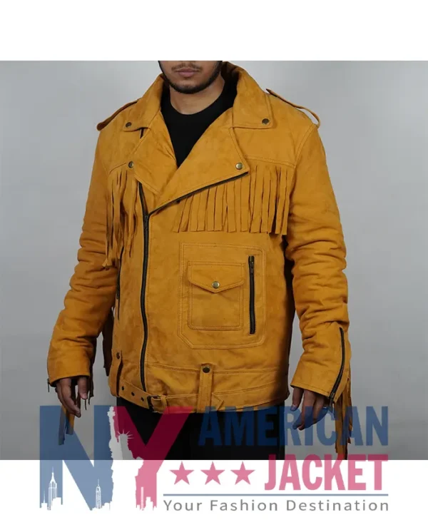 Men's Fringe Suede Yellow Biker Jacket