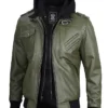 Mens Military Green Leather Jacket With Removable Hood