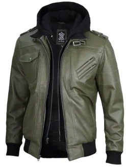 Mens Military Green Leather Jacket With Removable Hood