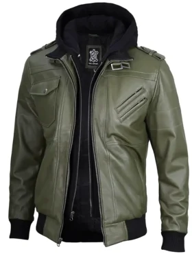 Mens Military Green Leather Jacket With Removable Hood