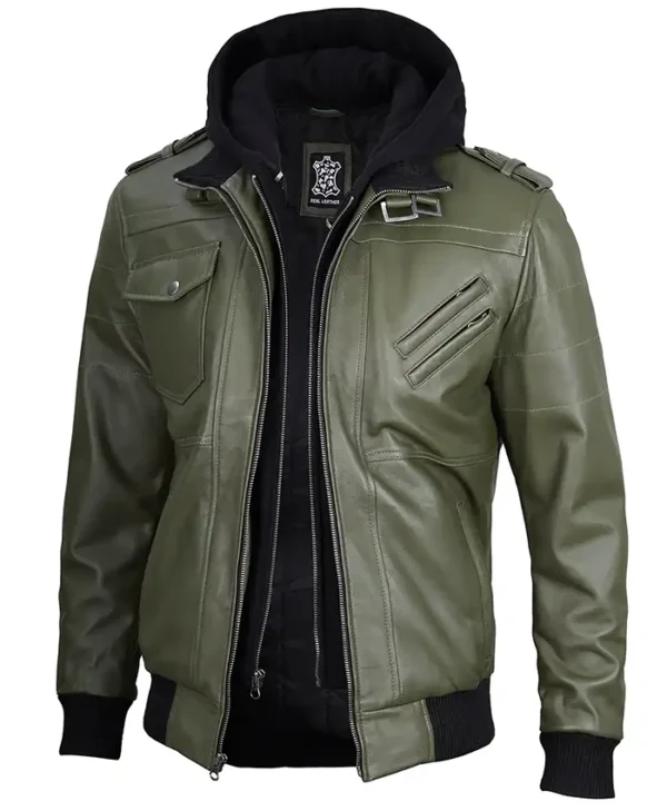 Mens Military Green Leather Jacket With Removable Hood