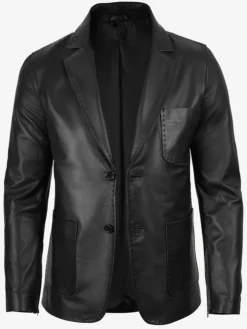 Mens Two Button Black Leather Blazer