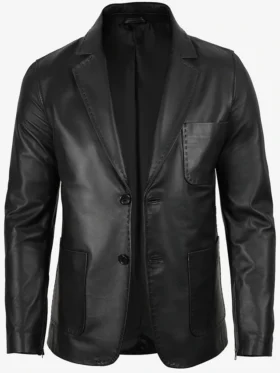 Mens Two Button Black Leather Blazer