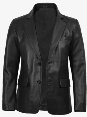 Mens Two Button Notch Lapel Black Leather Blazer