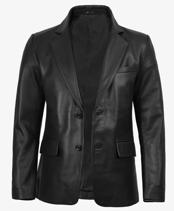 Mens Two Button Notch Lapel Black Leather Blazer