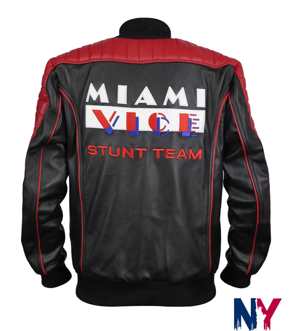 Movie The Fall Guy 2024 Ryan Gosling Miami Vice Stunt Team Black And Red Leather Bomber Jacket back view