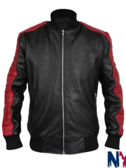 Movie The Fall Guy 2024 Ryan Gosling Miami Vice Stunt Team Black And Red Leather Bomber Jacket front view