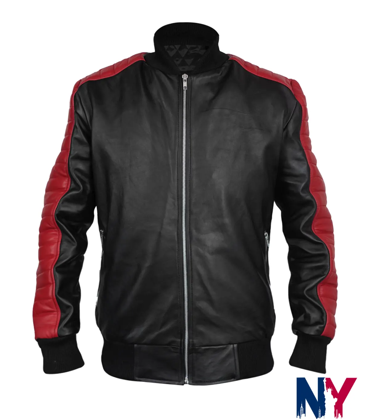 Movie The Fall Guy 2024 Ryan Gosling Miami Vice Stunt Team Black And Red Leather Bomber Jacket front view