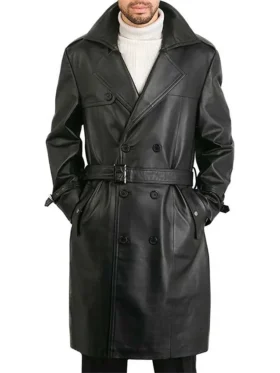 Order Belted Double Breasted Black Leather Trench Unisex Coat