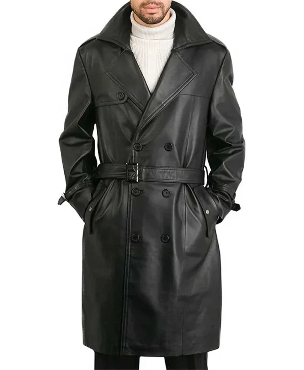 Order Belted Double Breasted Black Leather Trench Unisex Coat