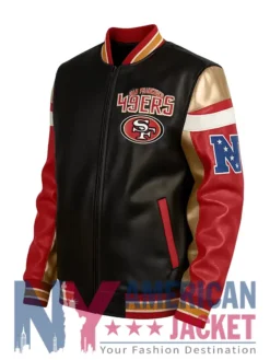 SF 49ers Black Leather Bomber Jacket