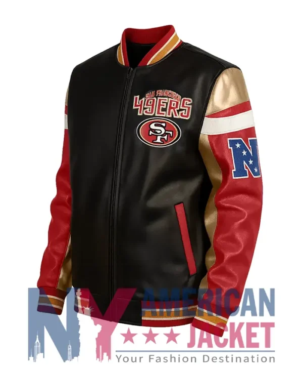 SF 49ers Black Leather Bomber Jacket