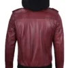 Shop Mens Burgundy Leather Jacket With Removable Hood For Men And Women