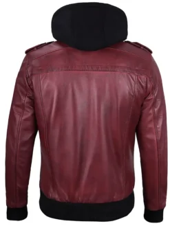 Shop Mens Burgundy Leather Jacket With Removable Hood For Men And Women